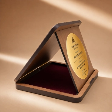 Premium Wooden Crest Award with Golden Metal Plate